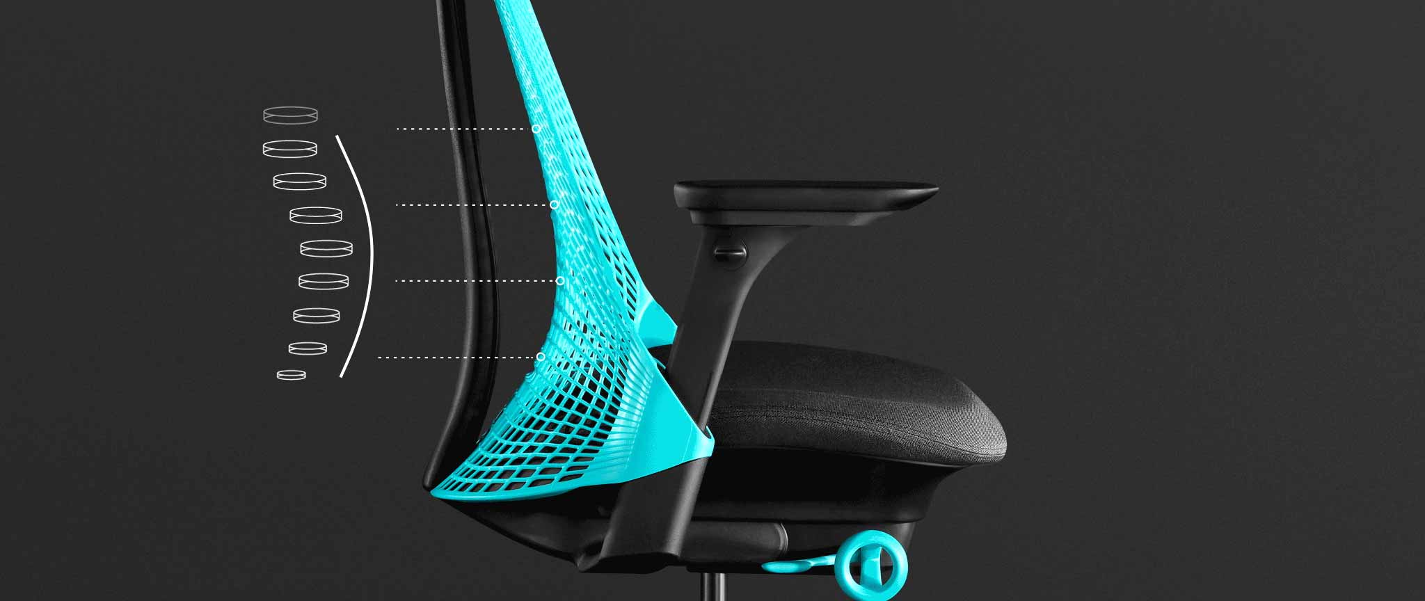 Vue latérale d'un fauteuil de jeu Sayl bleu et noir de Herman Miller, superposée à des graphiques blancs mettant en évidence le support du dossier.