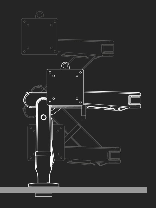 Dessin d'un bras de moniteur de jeu Ollin de Herman Miller, montrant la gamme de positions.