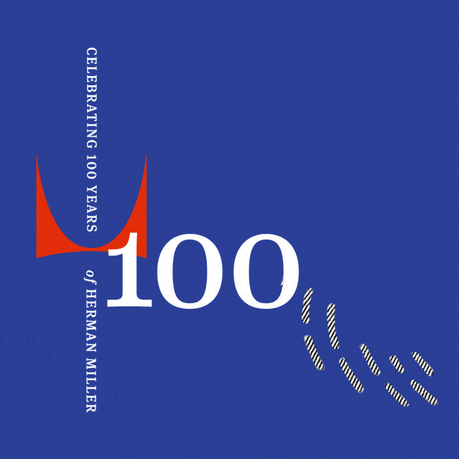 Image graphique célébrant les 100 ans de Herman Miller - fond bleu avec le chiffre 100 et le texte
