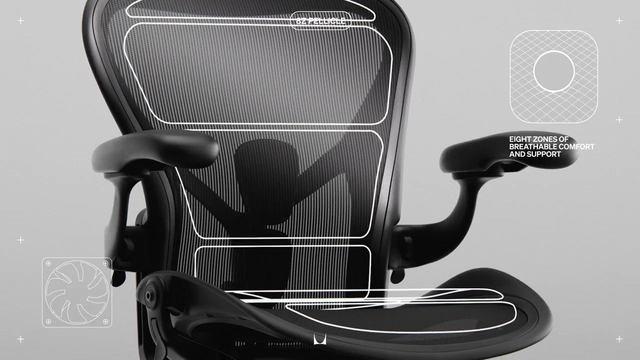 Vue de face du fauteuil gaming Aerong avec dessin au trait mettant en évidence les zones du matériau 8Z Pelicle, accompagné des mentions « Soutien lombaire avancé » et « 8Z Pelicle ».