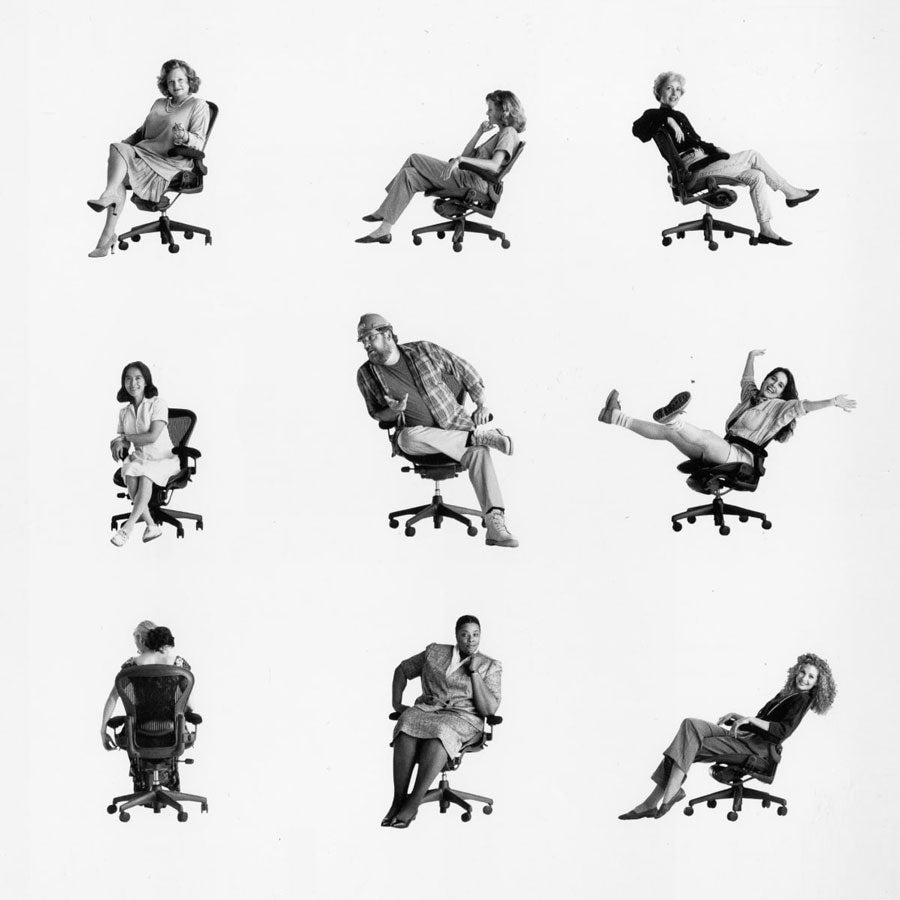 Image en grille présentant neuf images plus petites de différentes personnes assises sur des chaises Icon Herman Miller Aeron.