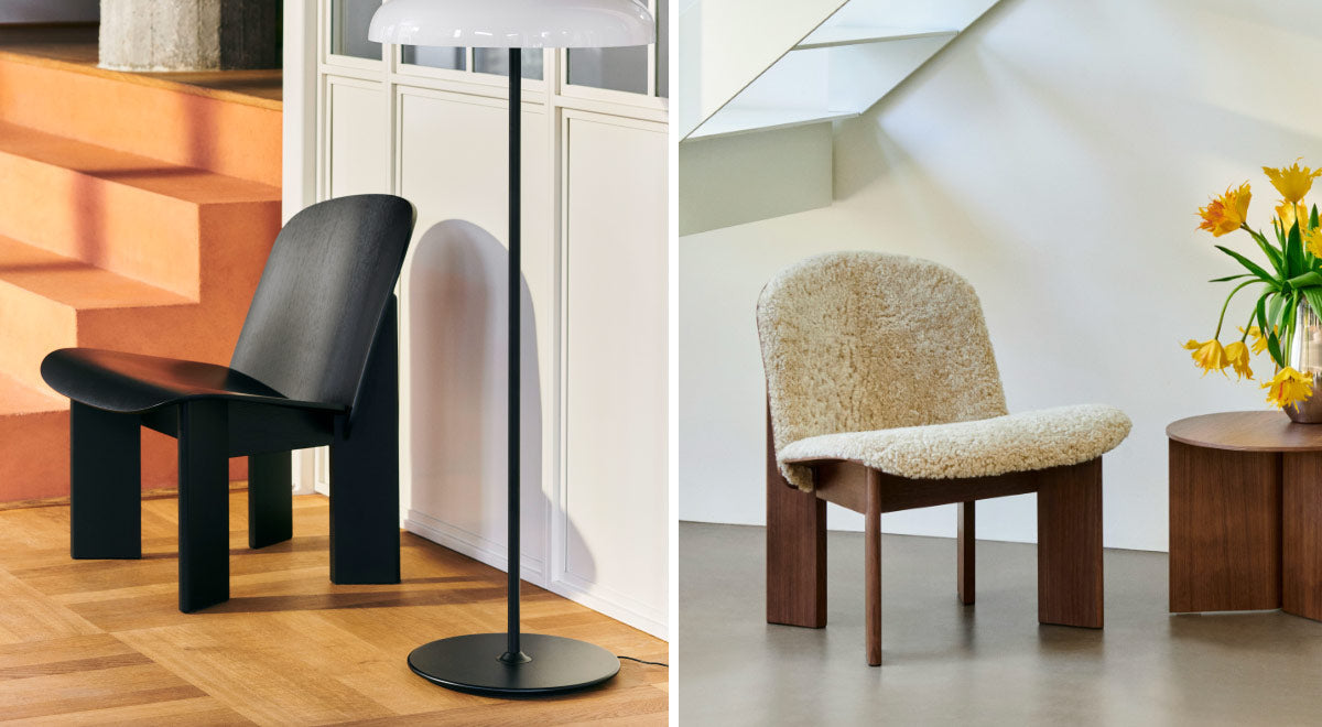 Collage de deux images montrant deux fauteuils Chisel de HAY, l'un noir et l'autre en noyer, avec un revêtement en peau de mouton. Le tout dans un intérieur domestique aux murs blancs et au style minimaliste.