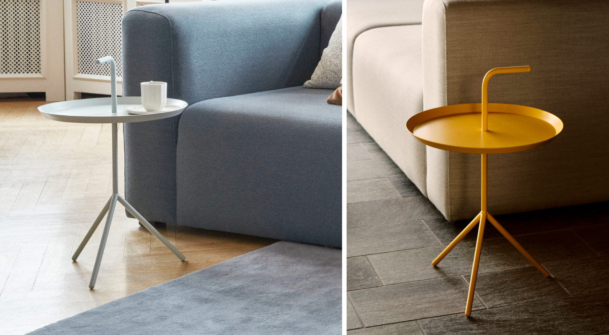 Collage de deux images montrant deux tables d'appoint DLM de HAY, l'une blanche et l'autre jaune. Placées dans un environnement domestique à côté d'un canapé.
