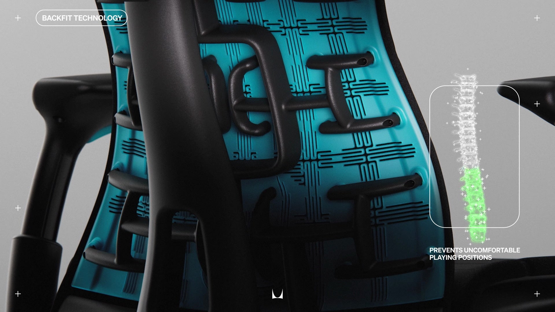 Gros plan de la colonne vertébrale à l'arrière du fauteuil gaming Embody en cyan, superposé d'un petit dessin représentant une colonne vertébrale humaine avec la mention « prévient les positions inconfortables » et « Backfit