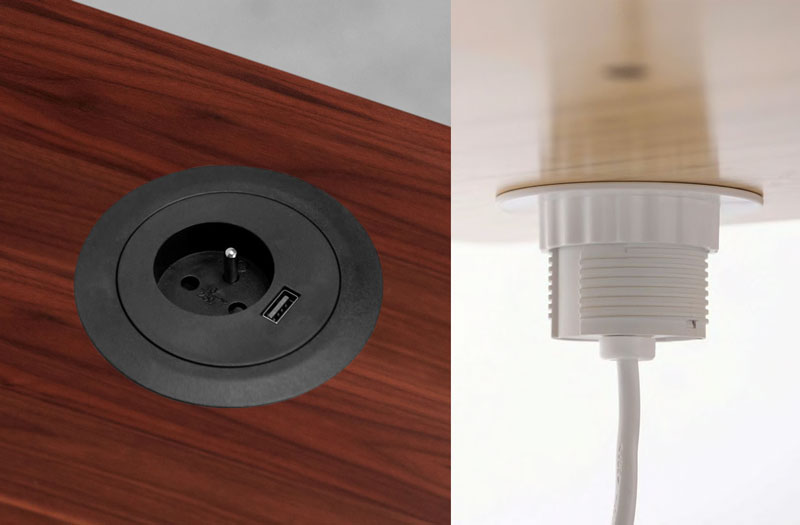 Collage de deux images en gros plan, montrant un passe-câble noir et blanc dans un bureau debout Jarvis, avec des prises de courant alternatif et un port de charge USB.