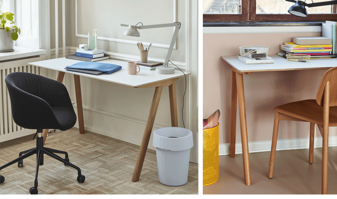 Deux images du bureau en chêne avec plateau en vinyle de HAY, le CPH90, dans un bureau à domicile chaleureux.