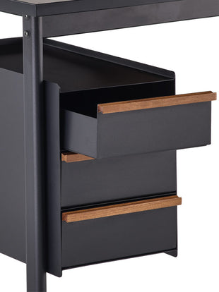 Vue de face d'un bureau Mode noir de Herman Miller, montrant les tiroirs de rangement optionnels pour le bureau à domicile.