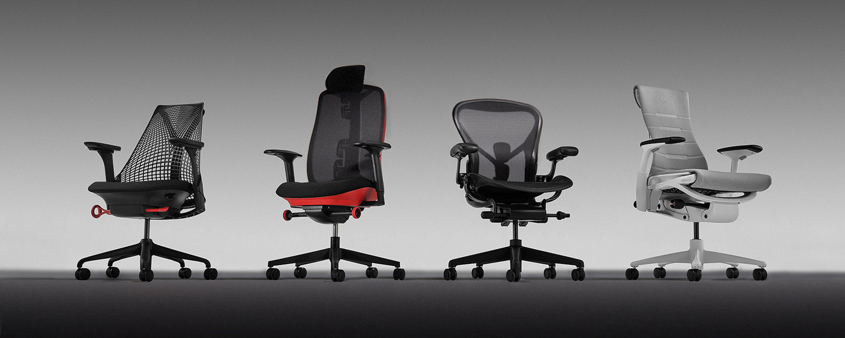 Sélection de chaises de jeu ergonomiques haute performance Herman Miller. Modèles présentés : Sayl, Vantum, Aeron et Embody Gaming.