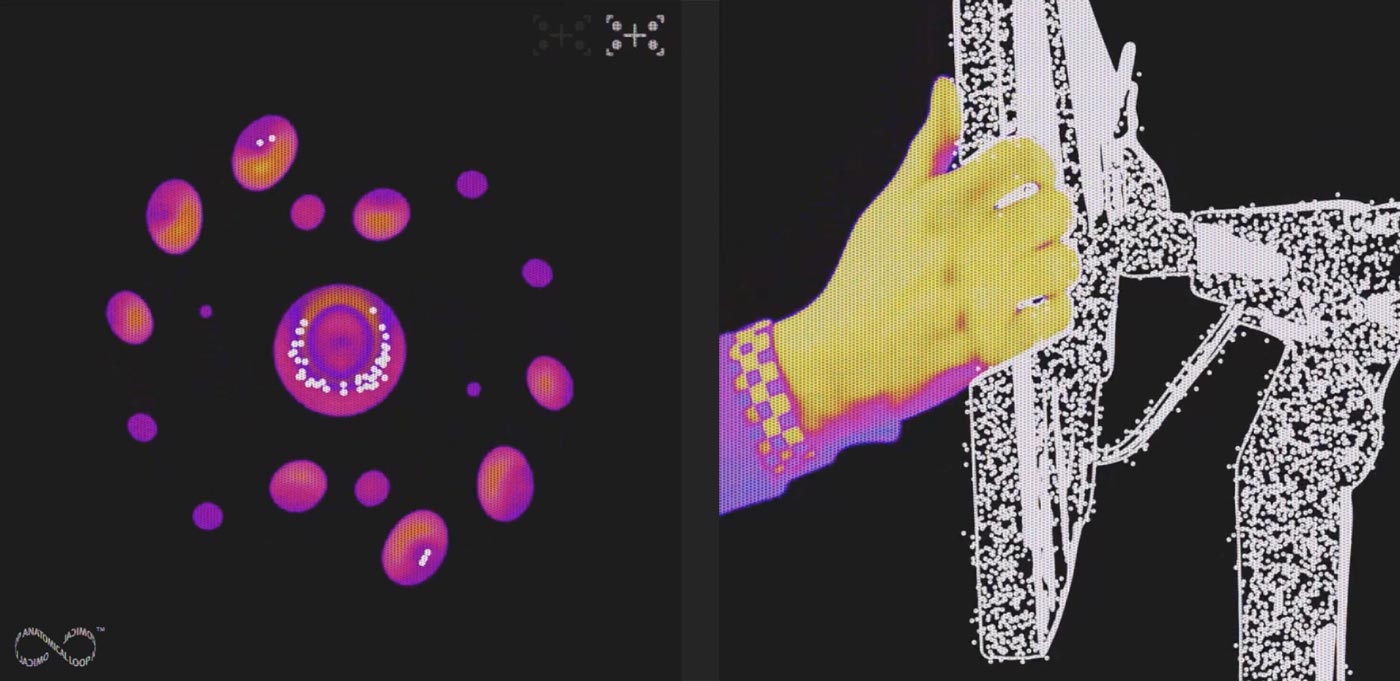 Image graphique représentant des gouttes de style moléculaire, accompagnée des annotations « Trouvez votre concentration » et « Jouez depuis le meilleur angle grâce à un bras support pour écran adapté à votre concentration ». Image thermique représentant le réglage de la position d'un bras support pour écran de jeu Ollin