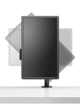 Vue de face d'un bras de moniteur Lima noir de CBS, montrant l'orientation portrait ou paysage en option.