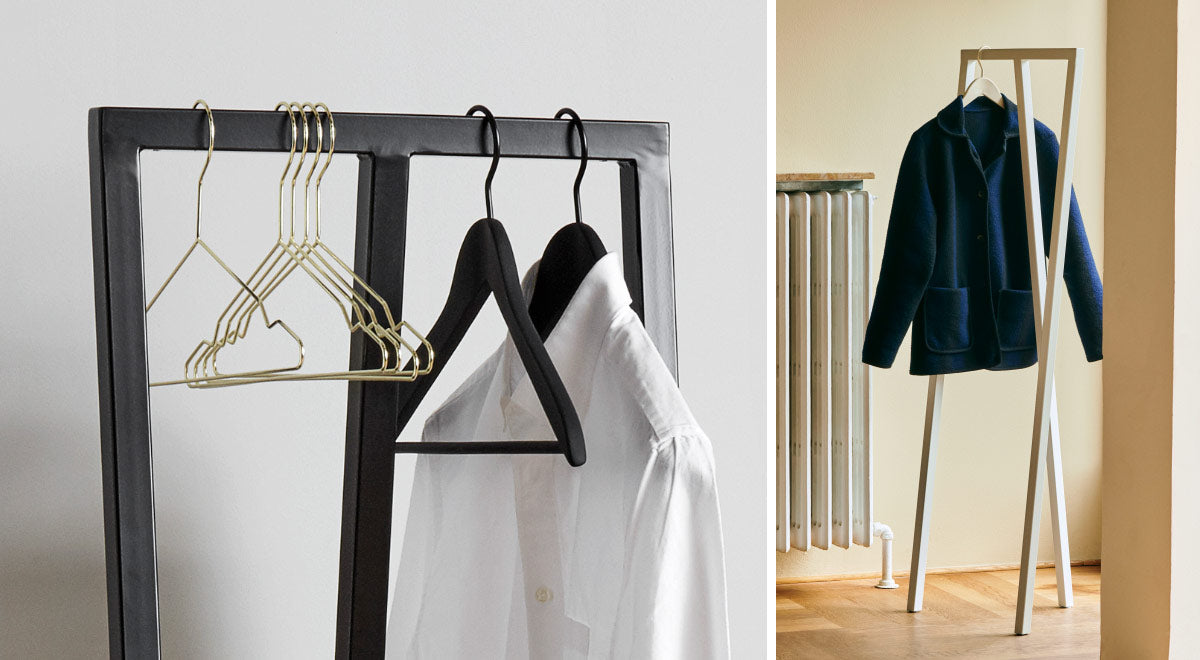 Collage de deux images. La première est un gros plan d'un porte-manteau Loop noir de HAY dans un couloir, sur lequel est suspendue une chemise blanche. La seconde est un porte-manteau Loop blanc de HAY sur lequel est suspendue une veste en jean.