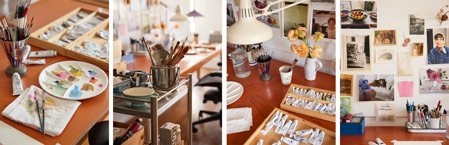 Quatre photos montrant divers matériaux d'artiste, des peintures, des pinceaux et un mur exposant diverses peintures et photographies
