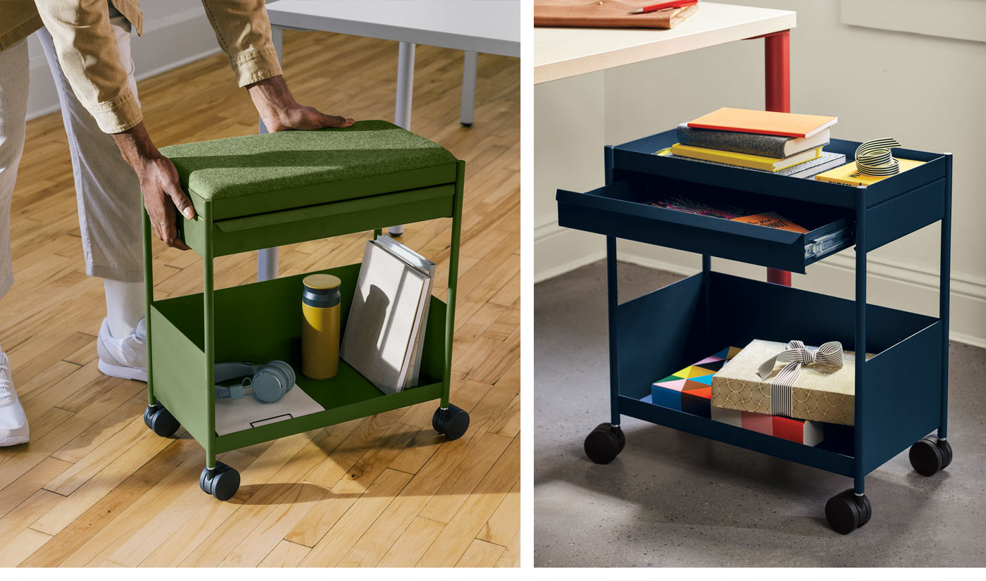 Collage de deux images. La première montre une personne poussant un chariot OE1 vert de Herman Miller, sur lequel se trouvent une bouteille d'eau, des écouteurs et une pile de documents. La seconde montre un chariot OE1 bleu de Herman Miller sur lequel se trouvent plusieurs livres, des blocs-notes et d'autres accessoires de bureau.