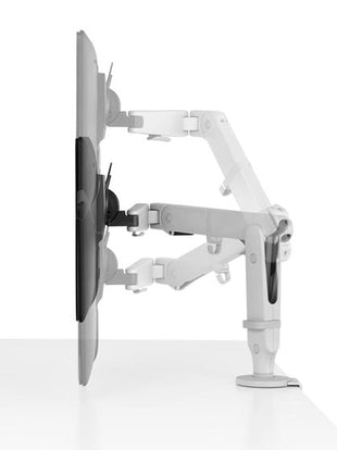 Vue latérale d'un bras de moniteur Ollin blanc de CBS, montrant l'orientation portrait ou paysage en option.