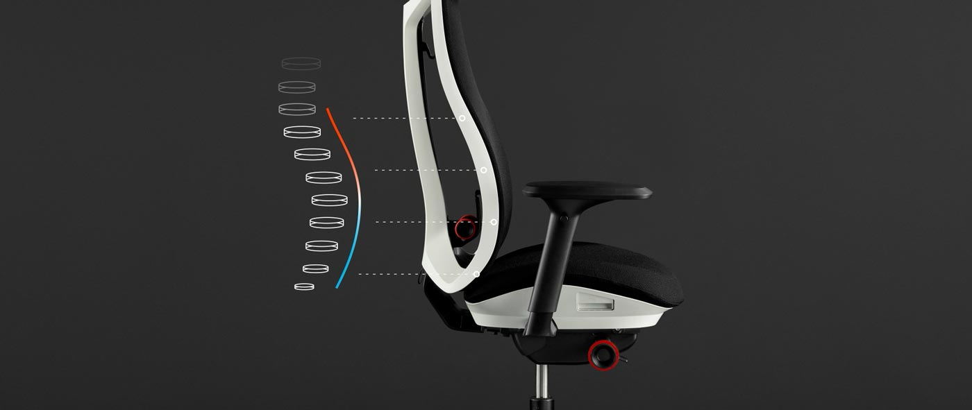 Vue latérale d'un fauteuil de jeu Vantum blanc et noir de Herman Miller, avec superposition de graphiques blancs mettant en évidence le support du dossier.