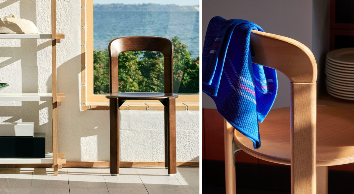 Collage de deux images montrant deux chaises Rey de HAY, dont l'une est un gros plan avec une serviette bleue posée sur le dossier de la chaise.