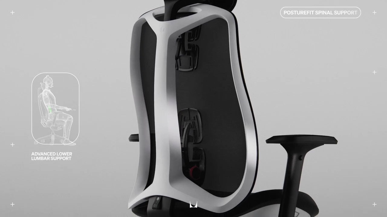 Vue arrière du fauteuil gaming Vantum avec un petit dessin représentant une personne assise dans le fauteuil et les mentions « Advanced lower lumber support » (soutien lombaire avancé) et « Posturefit spinal support » (soutien dorsal Posturefit).