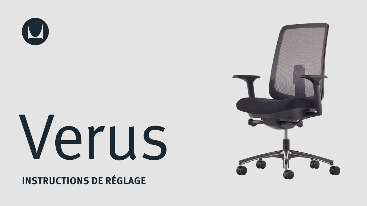 Une vidéo montrant les fonctions de réglage technique d'un siège de bureau Herman Miller Verus, notamment la hauteur et la profondeur de l'assise, la tension du basculement, le limiteur de basculement, le réglage du soutien du dossier et le réglage des accoudoirs.