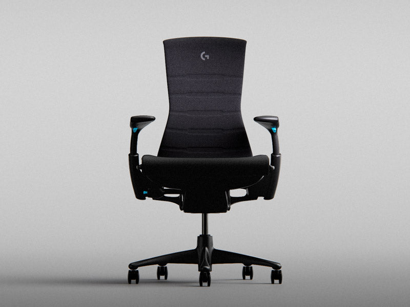 Vue de face du fauteuil gaming Logitech Embody noir et cyan