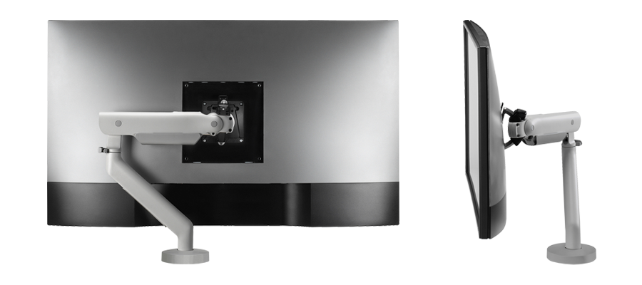 Vues arrière et de profil d'un bras de support d'écran CBS Flo X avec un écran fixé.