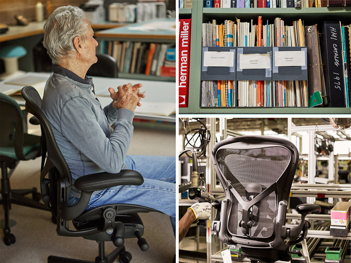 Trio de photos en format grille comprenant le profil de Don Chadwick, designer de la chaise Aeron, assis sur une chaise de bureau Aeron, une étagère de documents sur le design et l'ergonomie et enfin une chaise Aeron en cours de fabrication