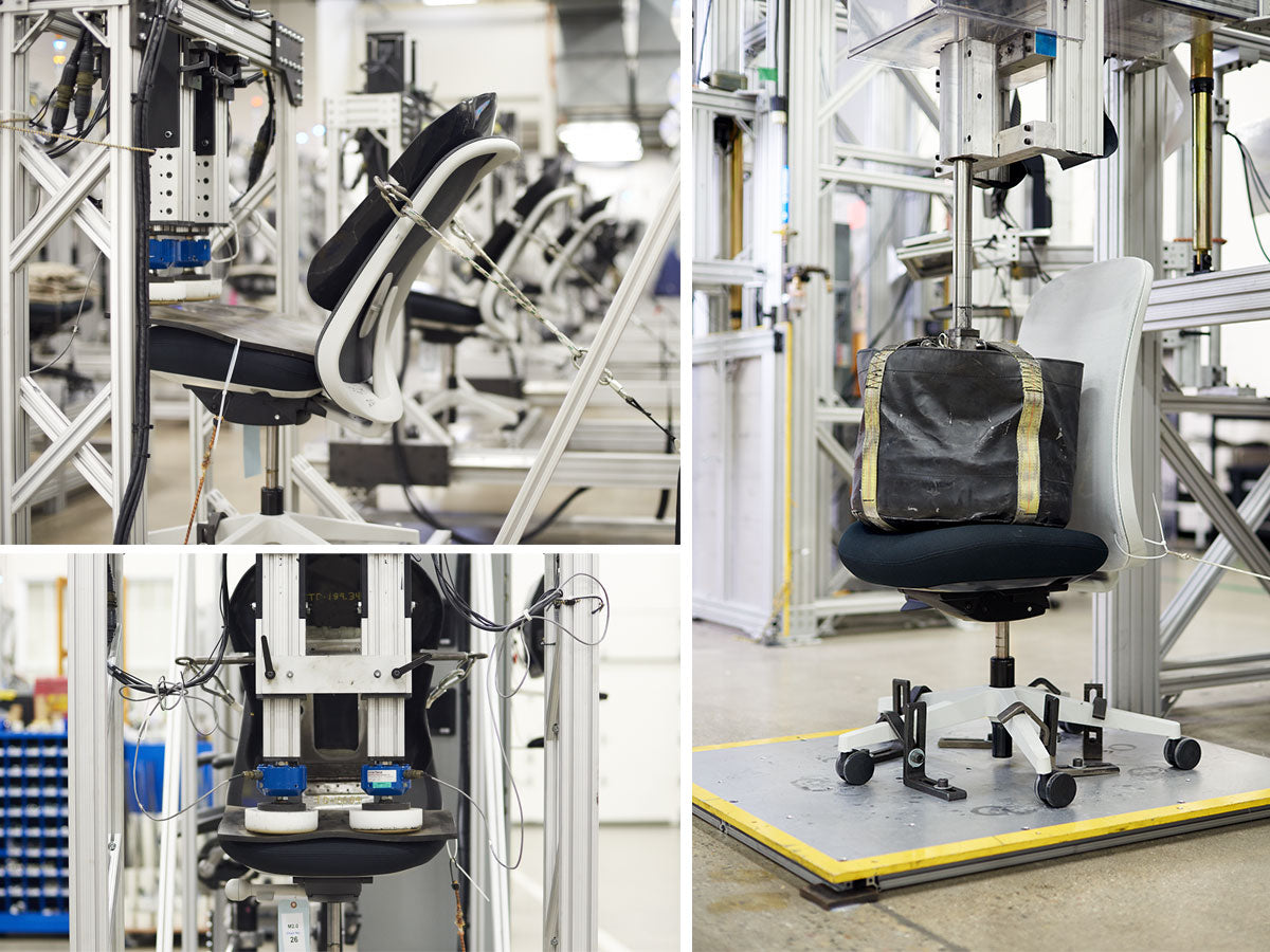 Trio de photos montrant certains des tests de qualité auxquels sont soumis les fauteuils Herman Miller dans le laboratoire d'essai
