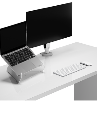 Gros plan d'un support d'ordinateur portable Oripura blanc de Herman Miller, montrant les côtés et la base antidérapants.