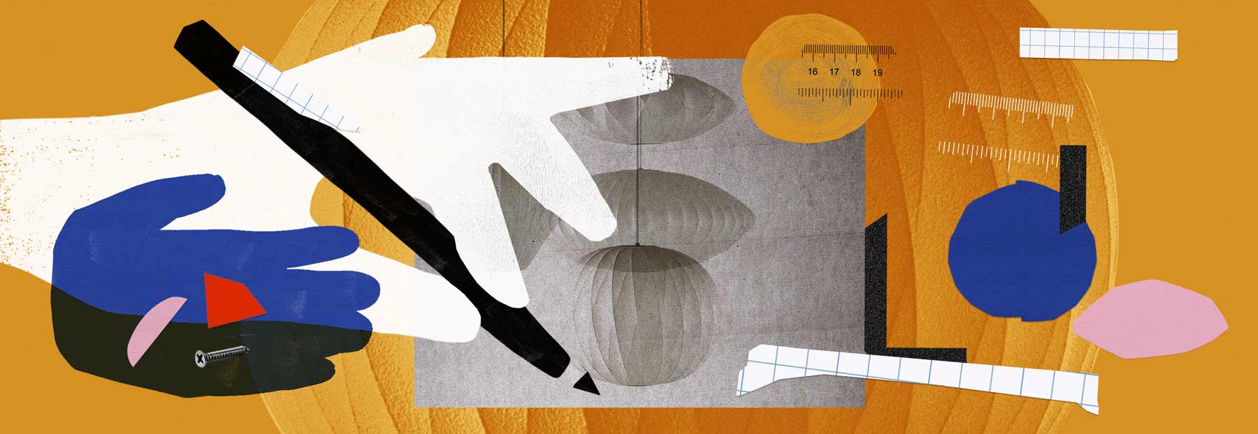 Collage graphique représentant les outils de conception utilisés pour créer les lampes Nelson Bubble de Herman Miller