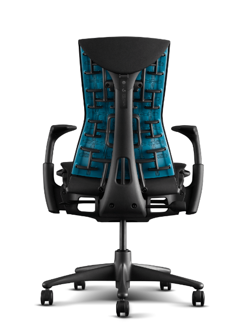 Vue arrière du fauteuil gaming Herman Miller Embody en cyan et noir.