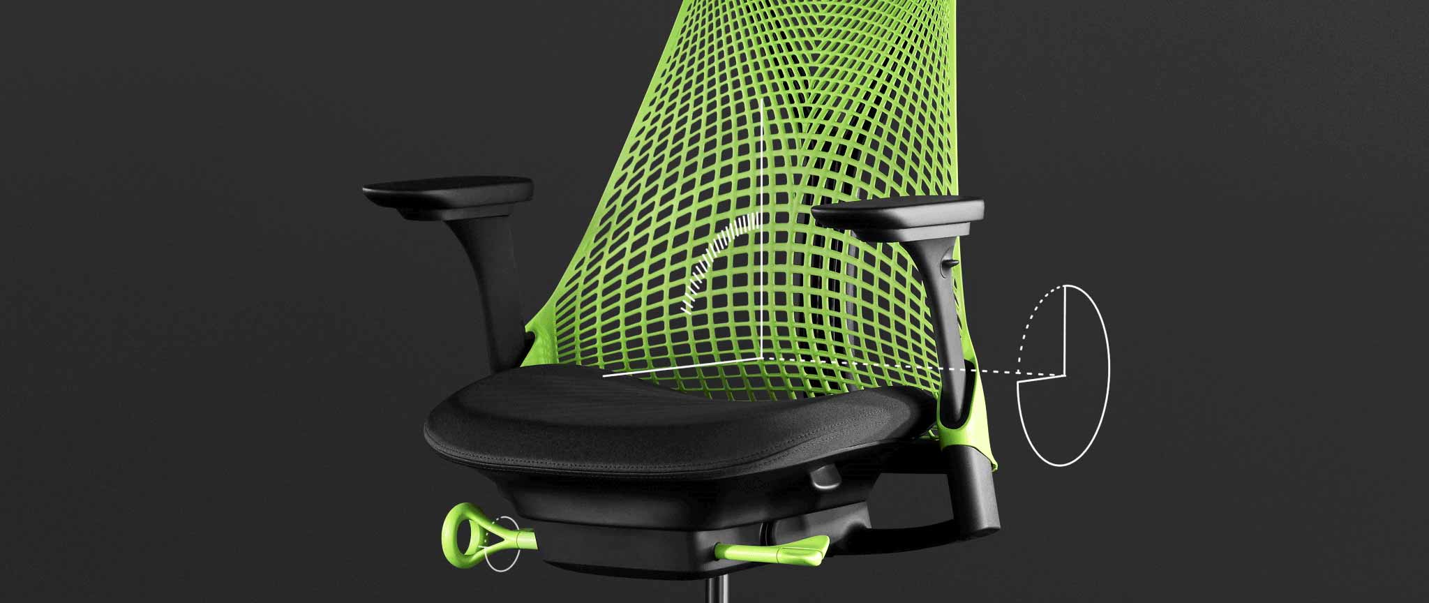 Vue de face d'un fauteuil de jeu Sayl vert et noir de Herman Miller, superposé à des graphiques blancs mettant en évidence la fonction de basculement.