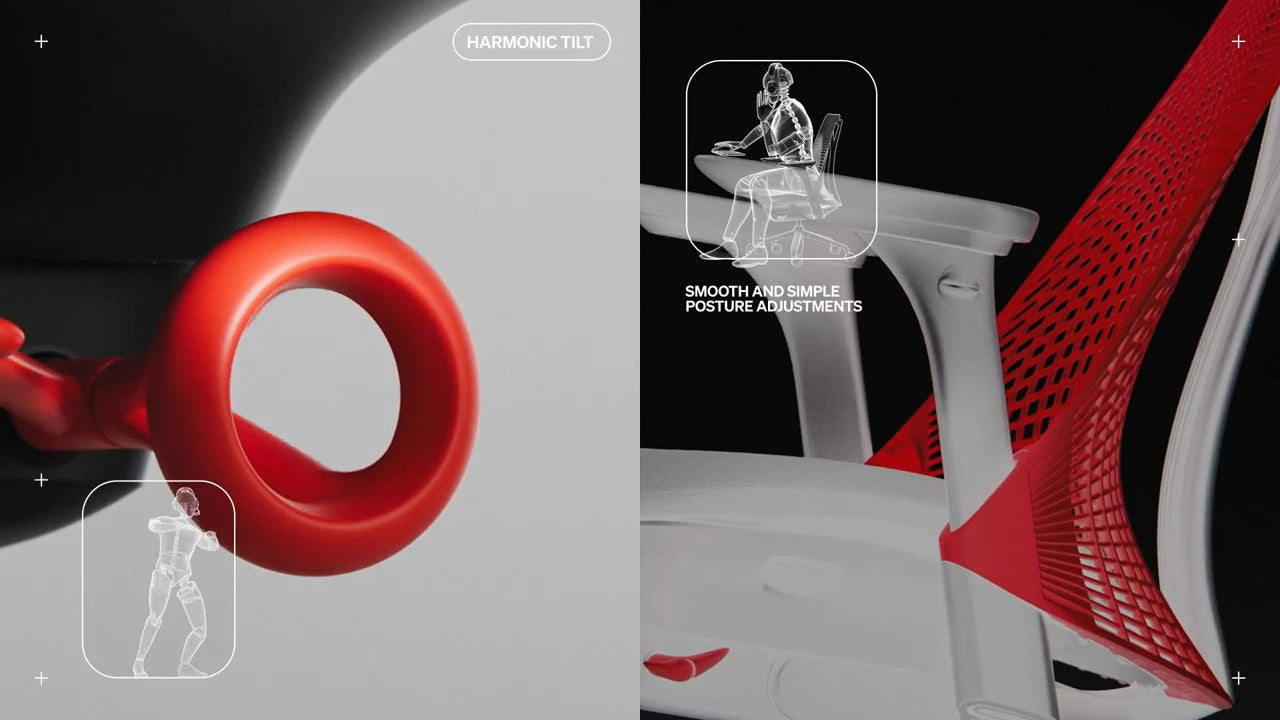 Image divisée en deux parties : d'un côté, gros plan du mécanisme d'inclinaison harmonique du fauteuil gaming Sayl, de l'autre, fauteuil incliné vers l'arrière avec les mentions « Harmonic tilt 2 » (Inclinaison harmonique 2) et « Smooth and simple posture adjustments » (Réglages de posture simples et fluides)