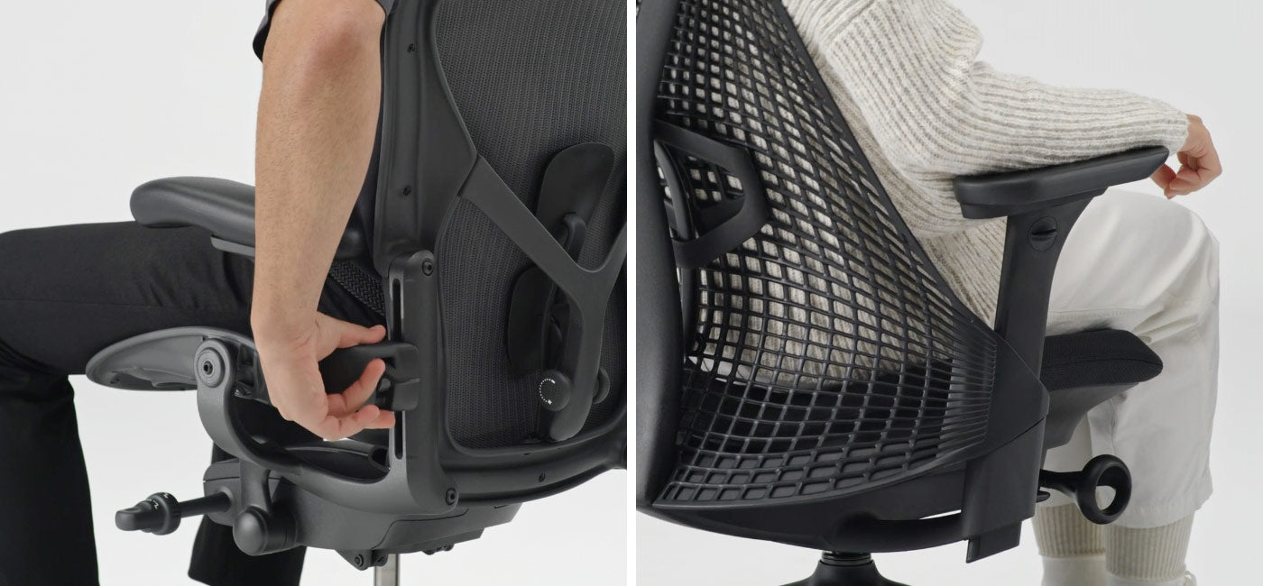 Photo en gros plan du mécanisme de réglage à l'arrière du fauteuil de bureau Aeron utilisé par un homme assis dans le fauteuil, à côté d'un autre fauteuil montrant le mécanisme de réglage à l'arrière du fauteuil de bureau Sayl avec une personne assise dans le fauteuil