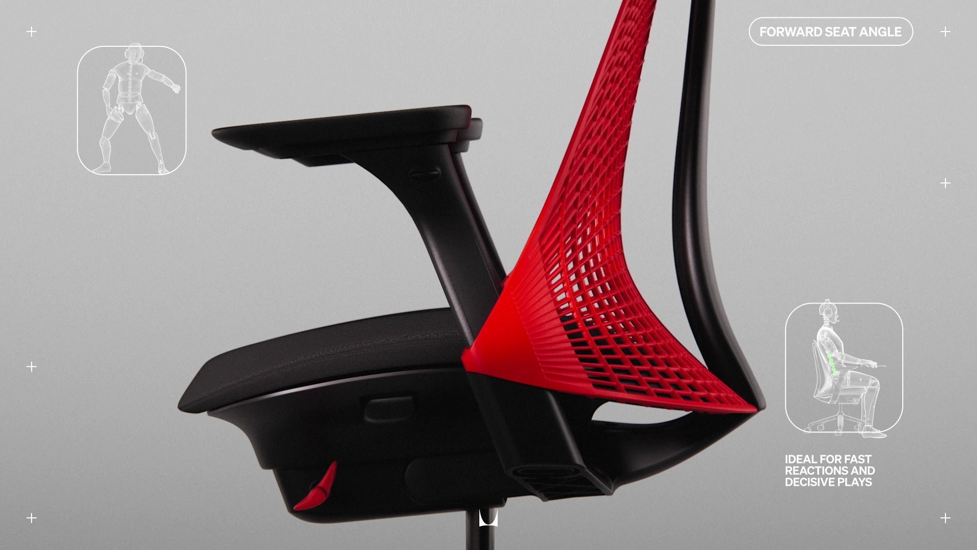 Vue latérale du fauteuil gaming Sayl montrant tous les mécanismes de réglage annotés de petits dessins au trait avec les mentions « Forward seat Angle » (Inclinaison du siège vers l'avant) et « Ideal fast reaction and decisive