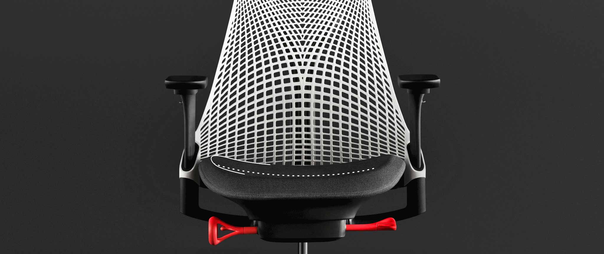 Vue de face d'un fauteuil de jeu Sayl blanc et noir de Herman Miller, superposée à des graphiques blancs mettant en évidence le rembourrage de l'assise.