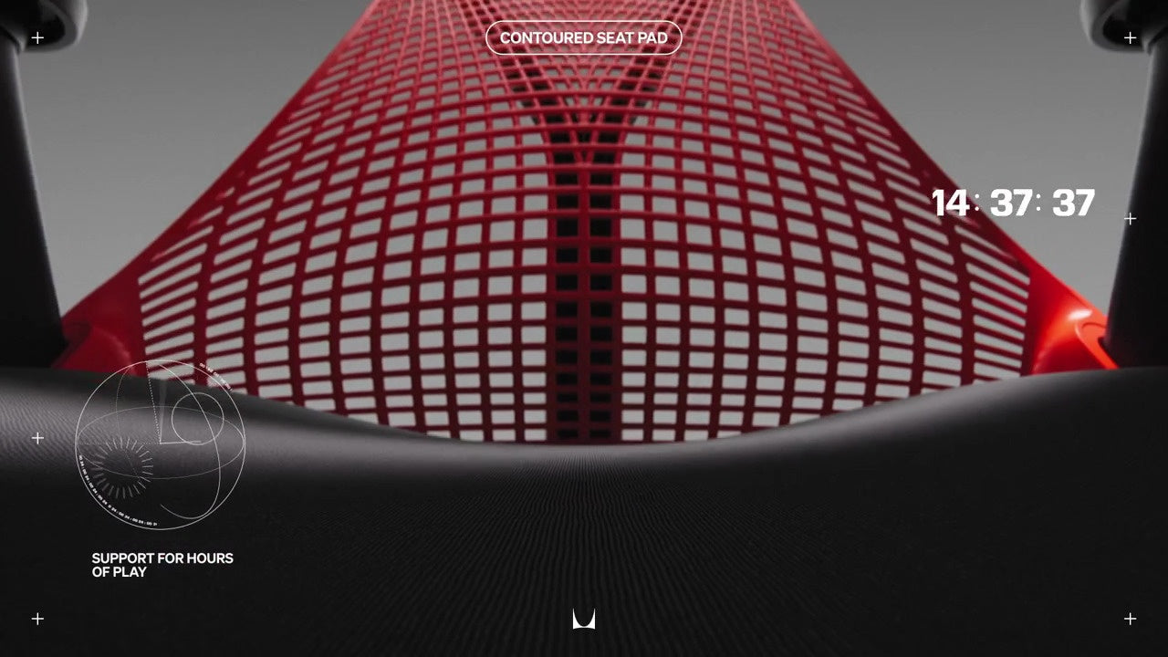 Gros plan sur les coussins profilés des fauteuils gaming Sayl, accompagnés des mentions « Contoured Seat Pad » (Coussin profilé) et « Support for hours of play » (Pour des heures de jeu)