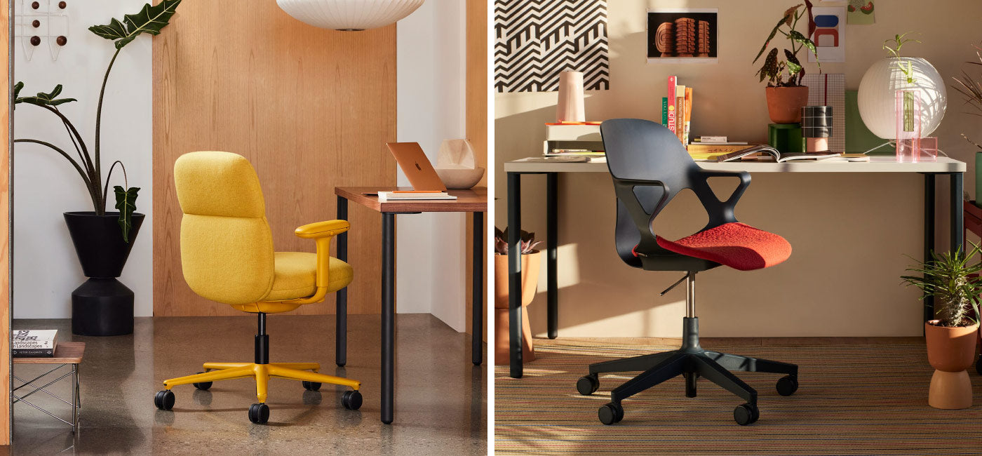Aménagement de bureau à domicile avec une chaise de bureau Asari à dossier moyen de couleur jaune marigold devant un bureau OE1 à hauteur fixe de couleur noire avec un plateau en bois dur, à côté d'un autre avec une chaise de bureau Zeph de couleur carbone avec un coussin d'assise rouge vif devant un bureau OE1 à hauteur fixe de couleur noire avec un plateau blanc