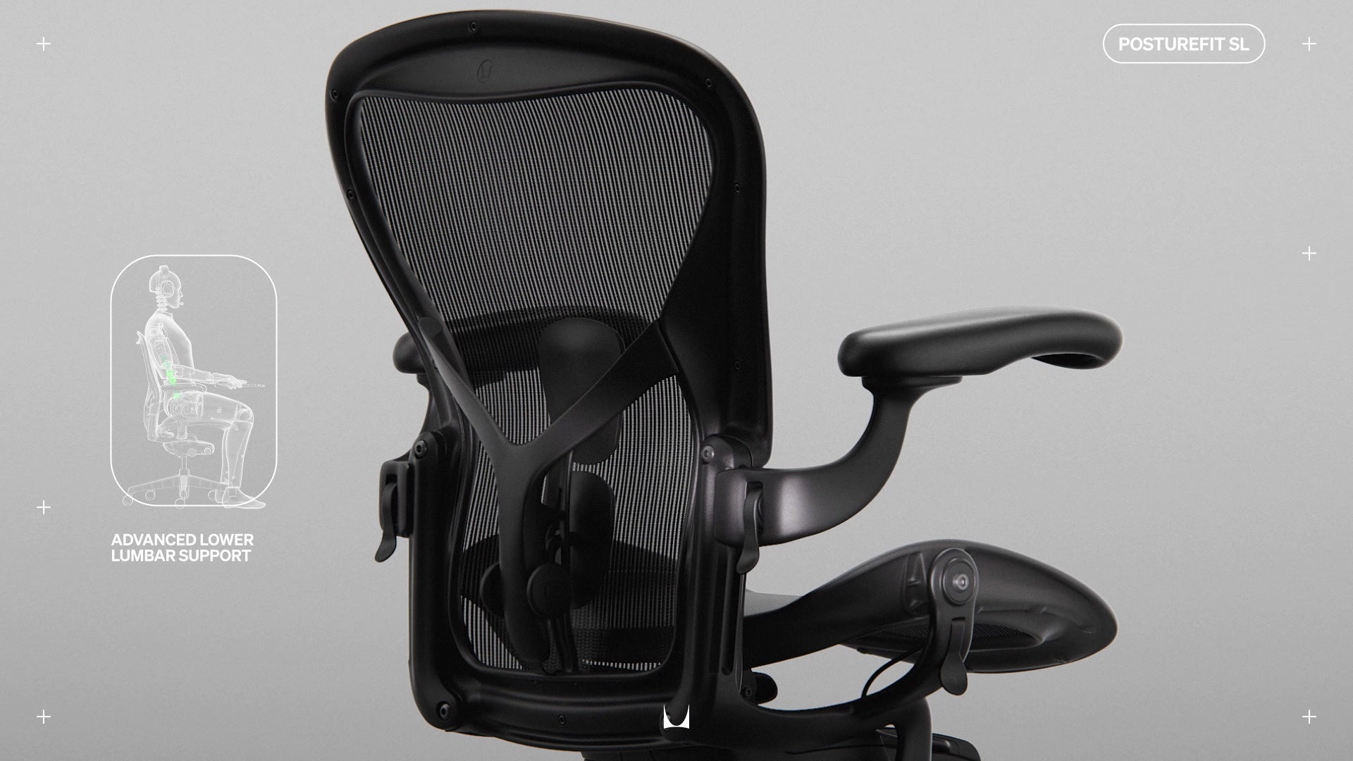 Vue arrière du fauteuil gaming Aeron annoté d'un dessin au trait représentant une personne assise sur le fauteuil avec les mentions « Soutien lombaire avancé » et « Posturefit SL ».