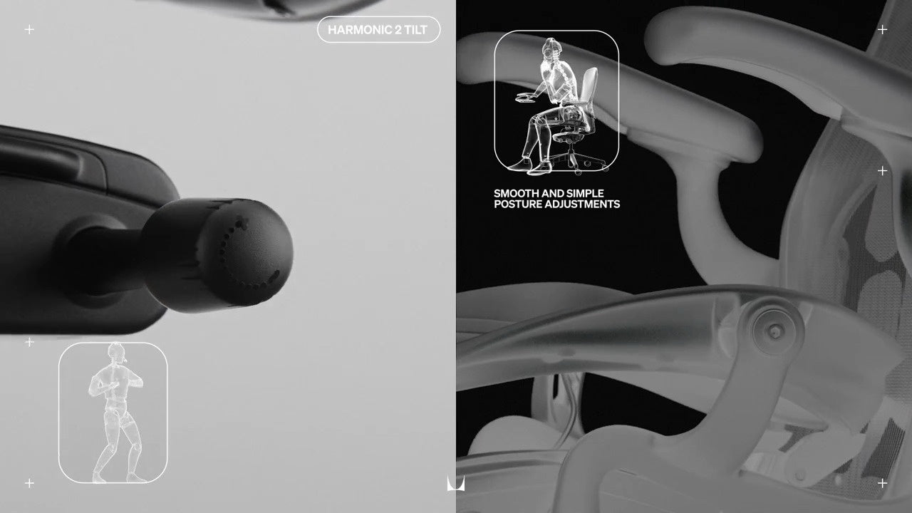 Gros plan du mécanisme de basculement du fauteuil Aeron à côté d'une image de type radiographie du fauteuil incliné vers l'arrière, avec les mentions « Harmonic tilt 2 » (basculement harmonieux) et « Smooth and simple