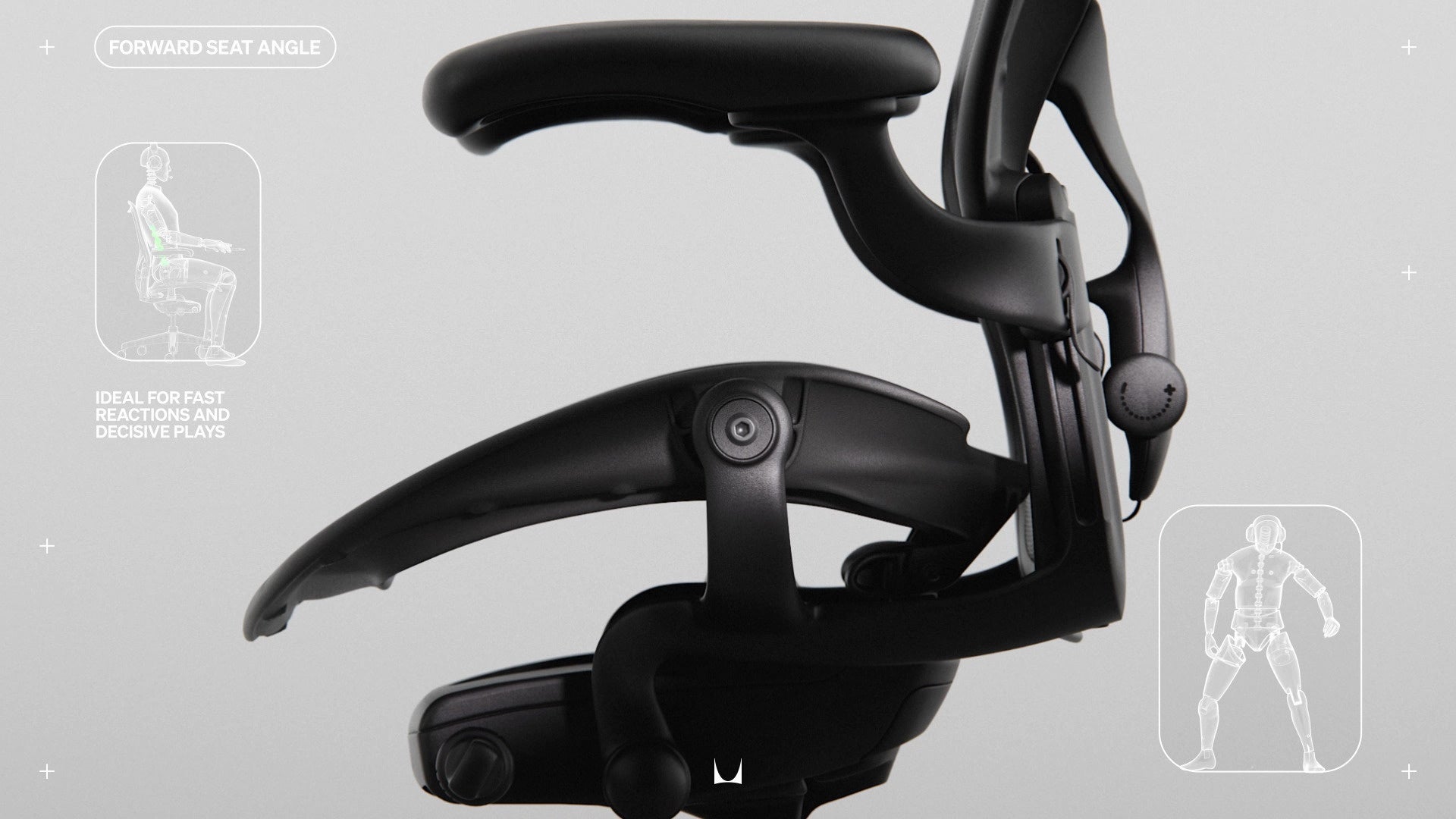 Vue latérale du fauteuil gaming Aeron montrant tous les mécanismes de réglage, avec de petits dessins au trait et les mentions « Forward seat Angle » (inclinaison du siège vers l'avant) et « Ideal fast reaction and decisive plays » (réactions rapides et jeu décisif).