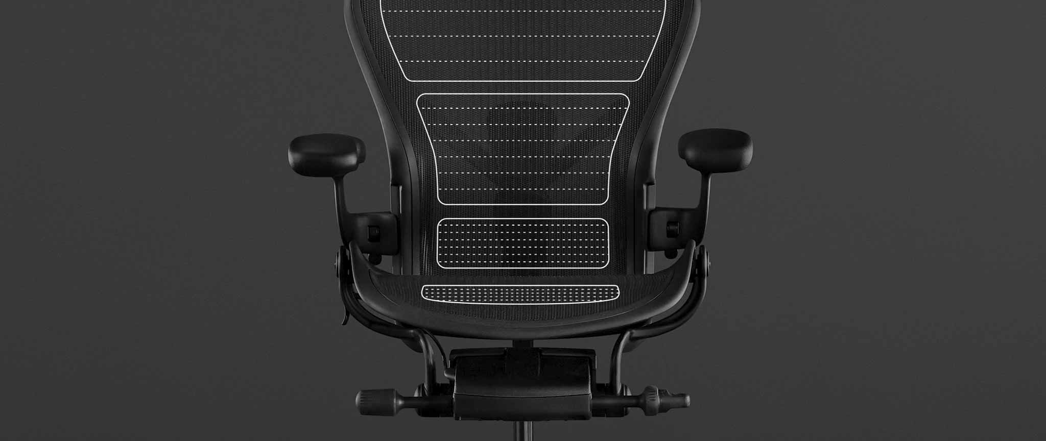 Vue de la police de caractères d'un fauteuil de jeu Aeron noir de Herman Miller, superposée à des graphiques blancs mettant en évidence le matériau Pillicle 8Z.
