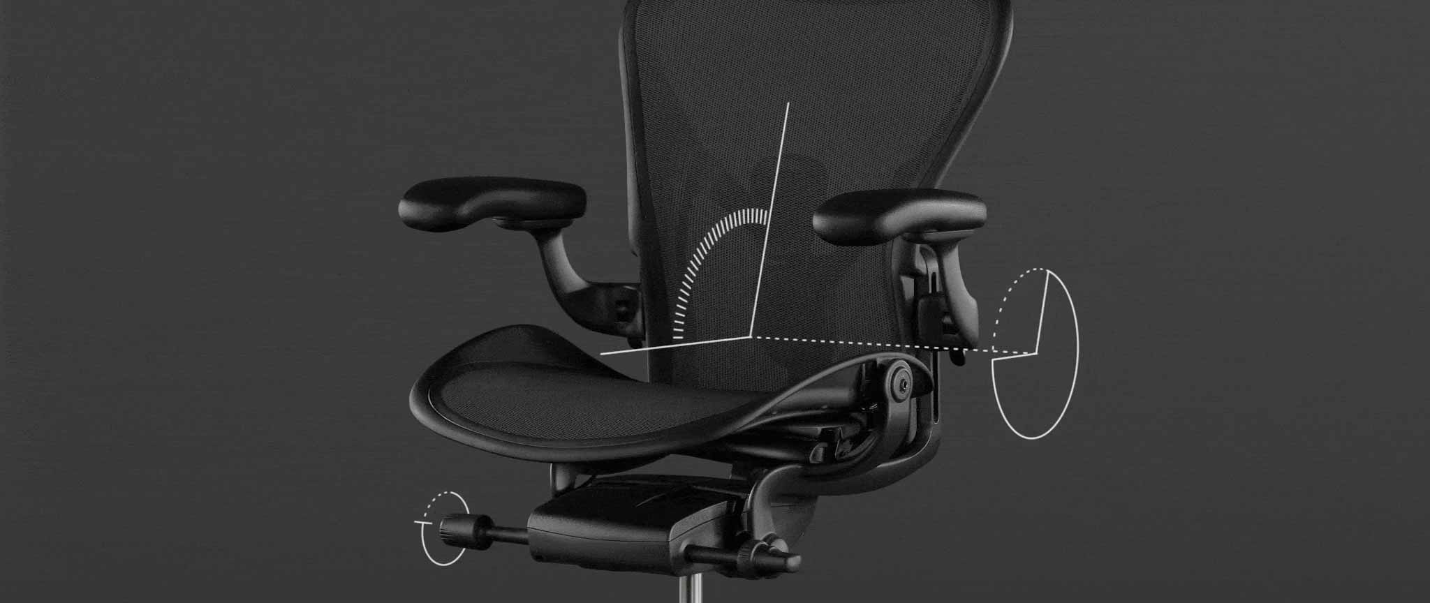 Vue de la police de caractères d'un fauteuil de jeu Aeron noir de Herman Miller, superposée à des graphiques blancs mettant en évidence la fonction de basculement.