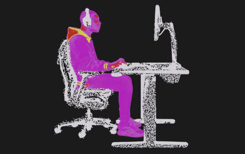 Image stylisée d'une personne assise sur une chaise de jeu Herman Miller Embody avec un bureau de jeu Nevi et un écran sur un bras de moniteur Ollin.