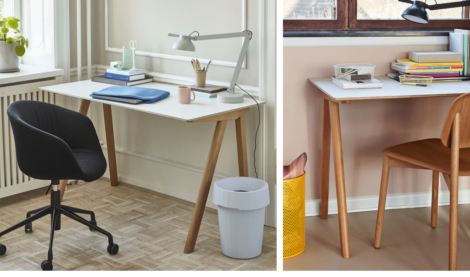 Un collage de deux images montrant deux bureaux Copenhague 90 en blanc et en chêne de HAY. Ils sont placés dans un espace de bureau à domicile accessoirisé avec des livres, des bacs et des lampes de bureau.