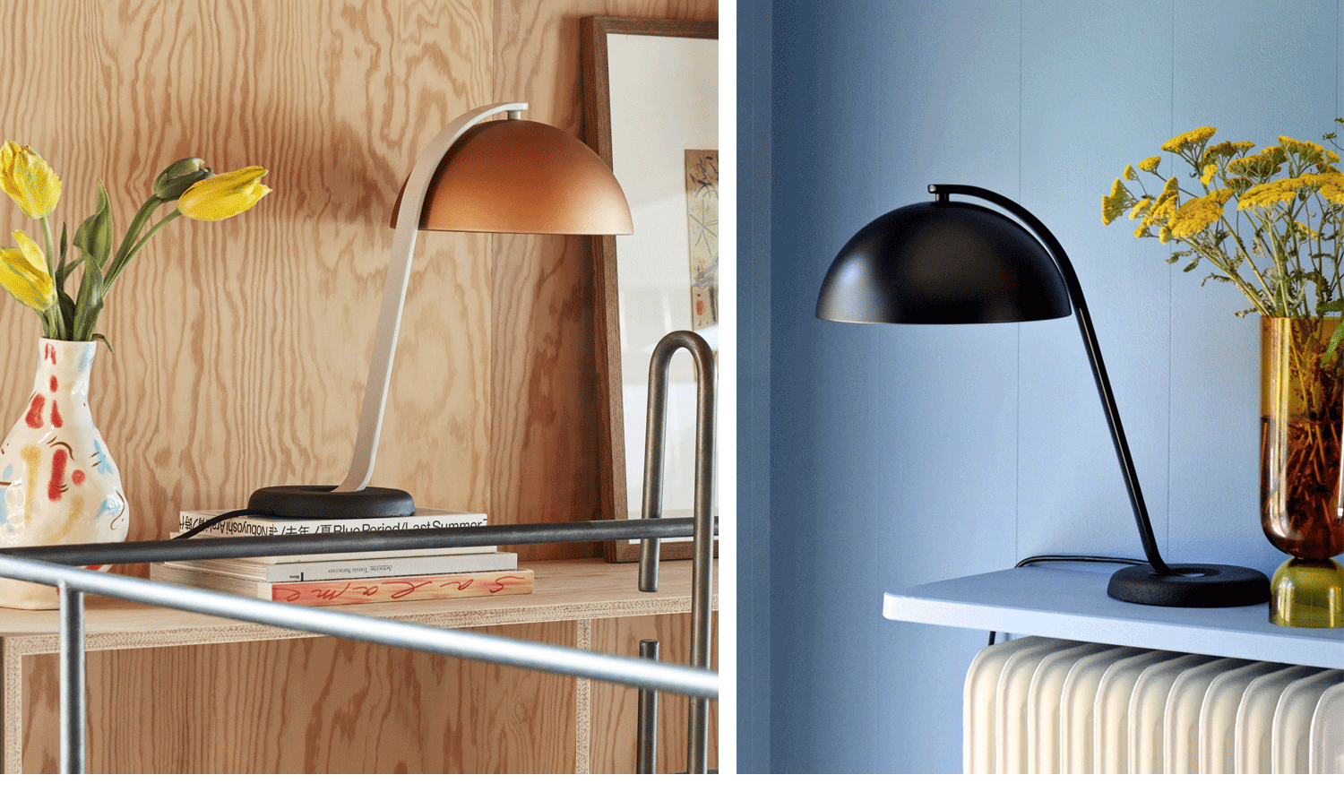 Un collage de deux images, présentant deux lampes de table HAY Cloche en mocca et noir. Elles sont toutes deux placées sur une étagère à côté d'un vase à fleurs.