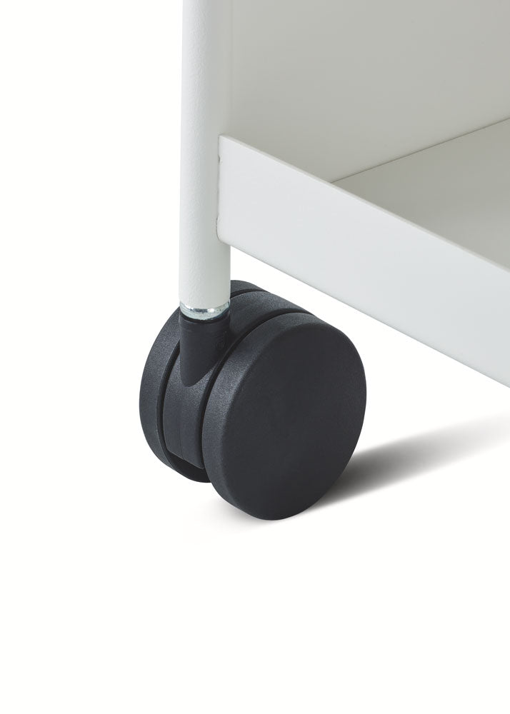 Vue rapprochée des roues d'un chariot de rangement Herman Miller OE1.
