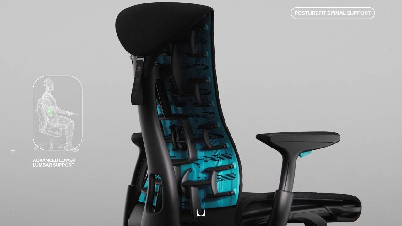 Vue de profil du fauteuil gaming Logitech Embody noir et cyan, recouvert d'un petit dessin représentant le fauteuil avec le contour d'une personne assise et les mots « Advanced Lower Lumbar Support » (soutien lombaire avancé) à gauche et « Posturefit Spinal Support » (soutien dorsal Posturefit) en haut à droite de l'image