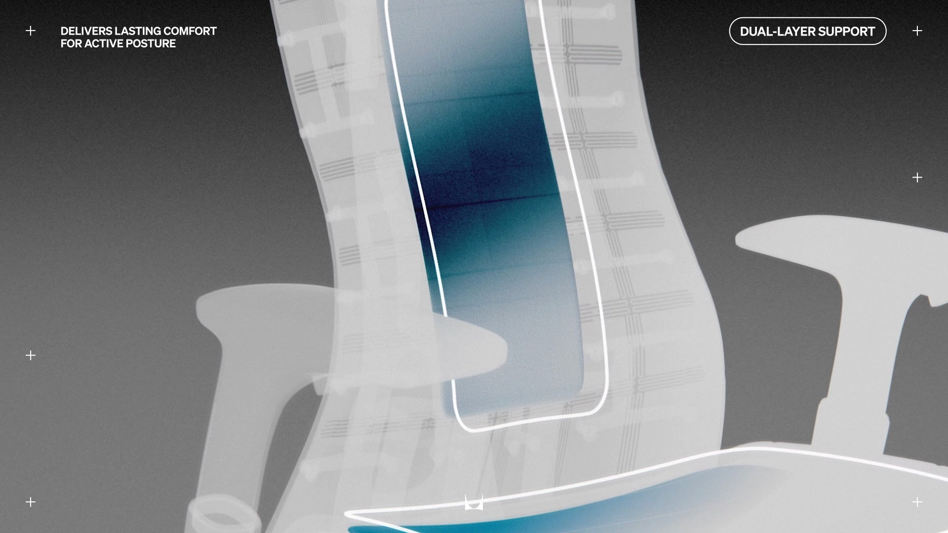 Image thermique sympa du fauteuil gaming Emby vu de face, superposée d'un dessin représentant la partie centrale du dossier et de l'assise, avec la mention « Dual Layer Support » en haut à droite et « Delivers lasting comfort