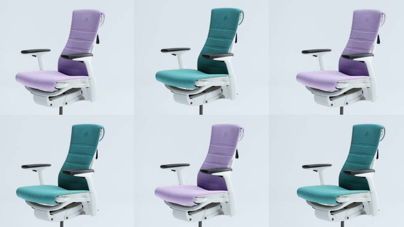 Vidéo ludique et captivante présentant le fauteuil de jeu Embody de Herman Miller en blanc, bleu et violet.