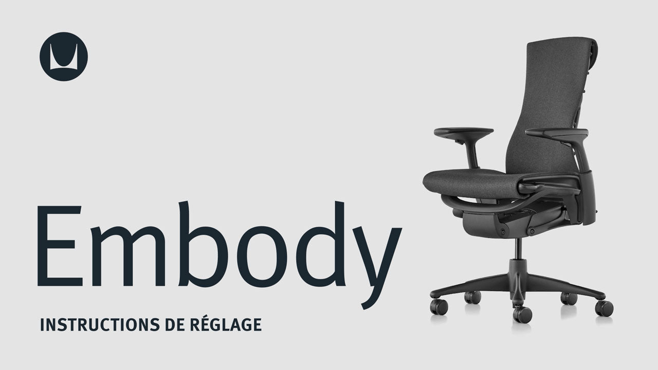 Vidéo montrant les fonctions de réglage technique d'un siège de bureau Embody de Herman Miller, notamment la hauteur et la profondeur de l'assise, la tension du basculement, le limiteur de basculement, le réglage du support dorsal et le réglage de l'accoudoir.