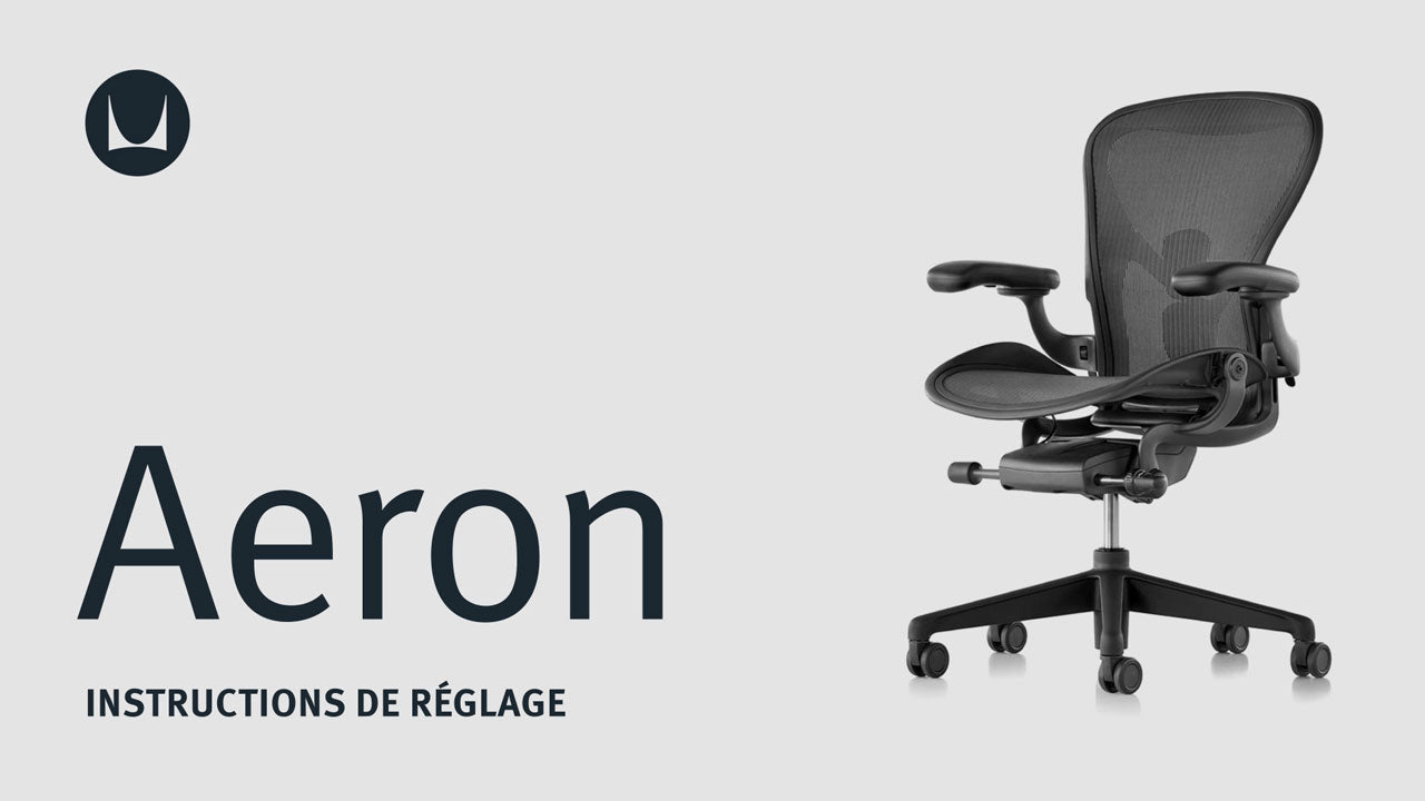 Vidéo montrant les caractéristiques techniques de réglage d'un siège de bureau Aeron de Herman Miller, notamment la hauteur d'assise, le limiteur d'inclinaison, le support dorsal, le réglage des accoudoirs et l'inclinaison vers l'avant.